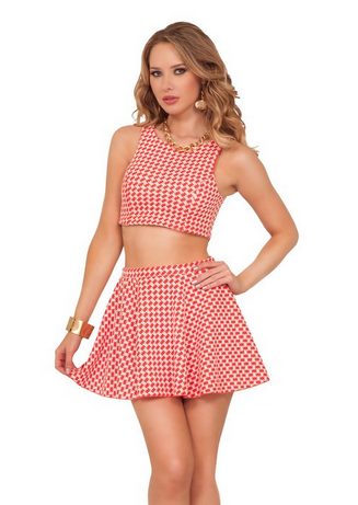 Sexy Houndstooth Crop Top Skater Skirt Clothing Two Piece Color Block Set
